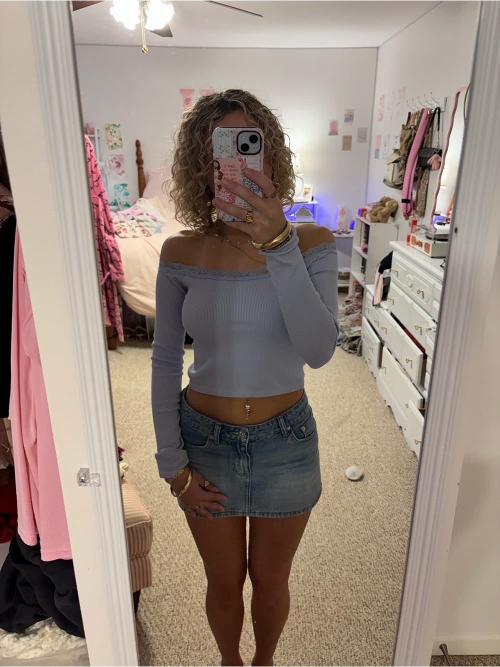 Urban Outfitters Light Blue Ribbed Lace Trim Off-Shoulder Top
